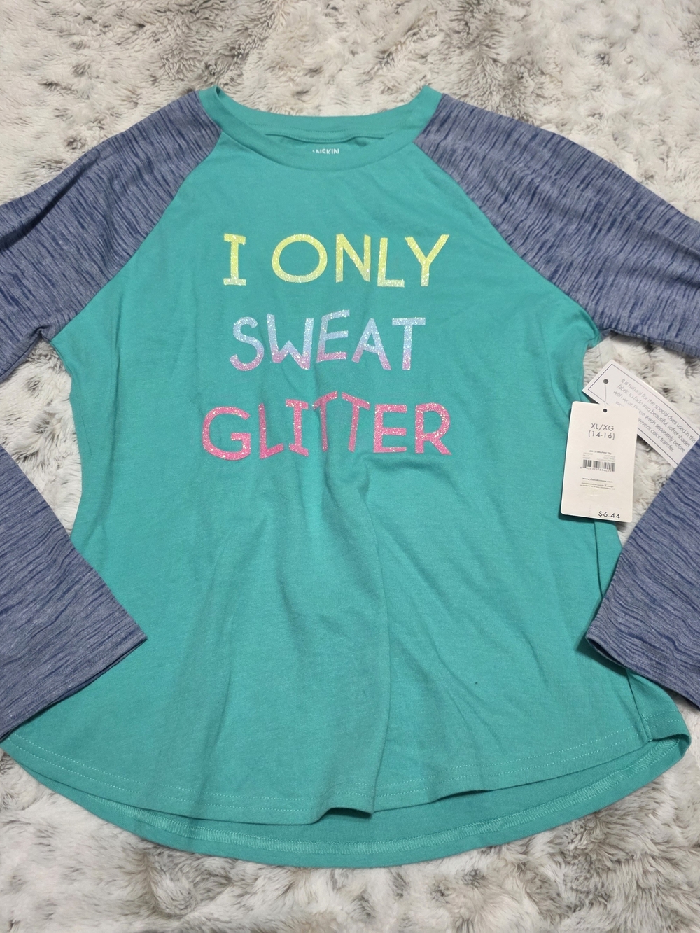 Danskin Teal & Heather Blue Raglan Long Sleeve Tee "I Only Sweat Glitter"